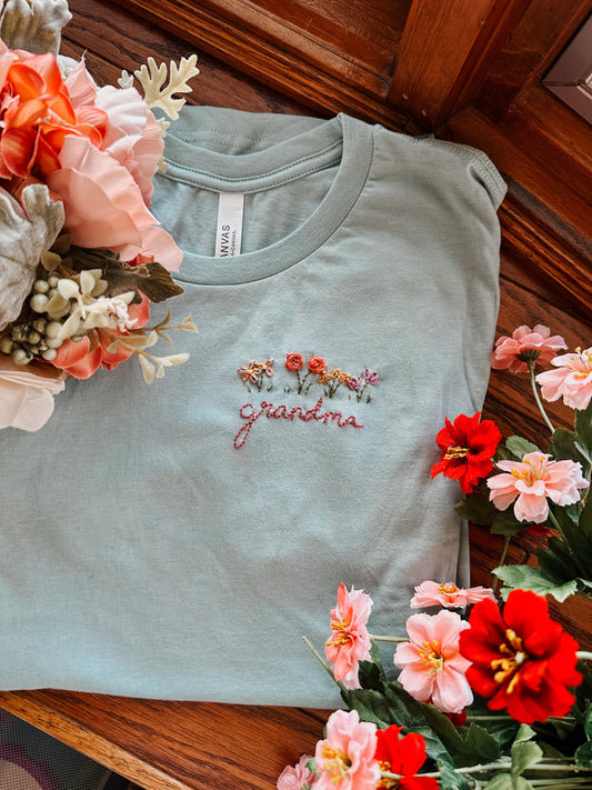 Hand Embroidered Name+Floral Garden Custom Unisex Tee